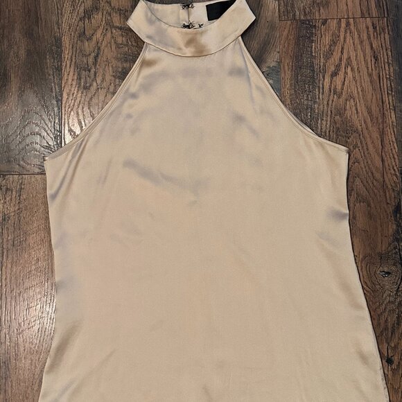 Nili Lotan 100% Silk Vara Top Gold Mock Neck halter Blouse Quiet Luxury Preppy - Picture 2 of 11